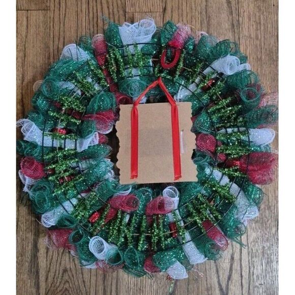 Hand Made Deco Mesh Christmas Poinsettia Holiday Door Wreath Winter Home Decor - Picture 6 of 7